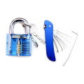 Blue Transparent Practice Padlock with Blue Folding Knife Lockpicking Tools (Combo 5-1)